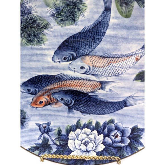Vintage Japanese Sun Ceramics Blue White Koi Fish Porcelain Plate 12.5" Diameter - Picture 5 of 12